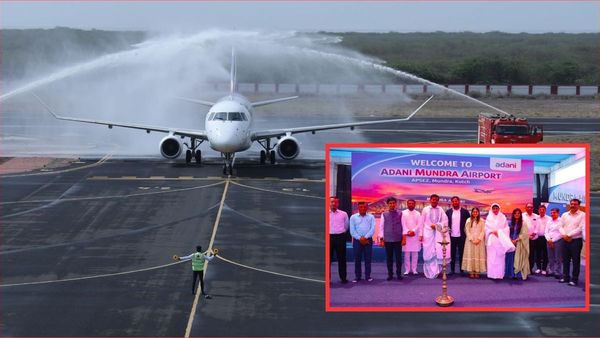 Commercial aircraft arriving at Adani Mundra Airport terminal