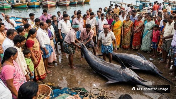 Massive 200 KG Black Marlin Fish Caught By Traditional Fishermen In Vizag Coast Fetches Over 30000 Rupees Massive 200 KG Black Marlin Fish Caught By Traditional Fishermen In Vizag Coast Fetches Over 30000 Rupees