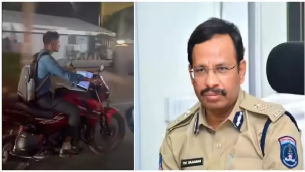 hyderabad cp sajjanar key message and warning to the biker who is doing work from bike on road