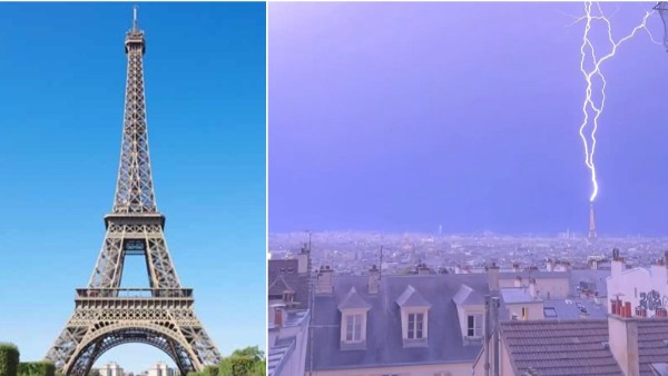 Stunning footage shows moment Eiffel Tower in Paris struck by lightning Lights Up Rare Moment Paris