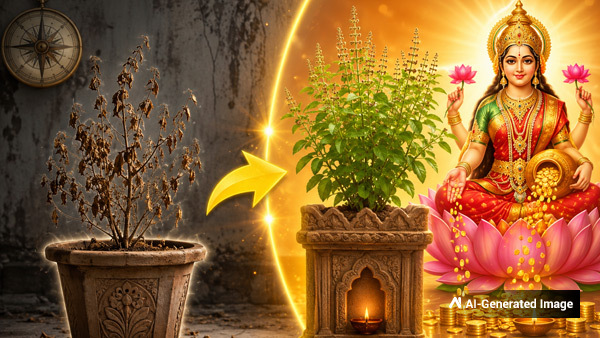 Vastu says that a dried-up Tulasi plant brings Goddess Lakshmi Vastu says that a dried-up Tulasi plant brings Goddess Lakshmi