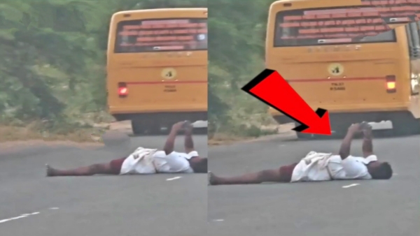 DrunkMan Atrocity TamilNadu Ariyalur lying in the middle of the road and watching Reels video viral