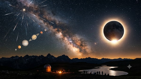 Everything Happens in One Night Sky as Planetary Alignment Total Solar Eclipse and Perseids meteor Everything Happens in One Night Sky as Planetary Alignment Total Solar Eclipse and Perseids meteor