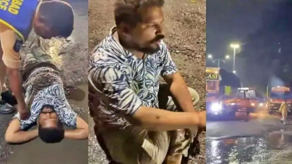 hyderabad A man stages a unique protest demanding the filling of potholes on the road video viral