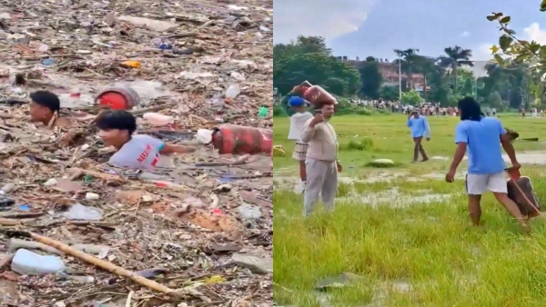 Nepal floods people gas cylinders even amidst the floods severe that they are risking their lives