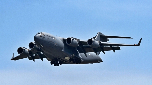 US Air Force Boeing C-17 Globemaster III military transport aircraft landed Moscow Vnukovo Airport