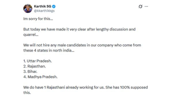 Bengaluru CEO Refuses To Hire Male Candidates From Four North Indian States Sparking Huge Workplace Debate Bengaluru CEO Refuses To Hire Male Candidates From Four North Indian States Sparking Huge Workplace Debate