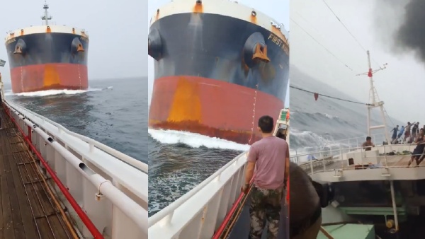 Viral Video Giant Ship Collides with Chinese Fishing Boat Near Singapore Strait all crew members survived
