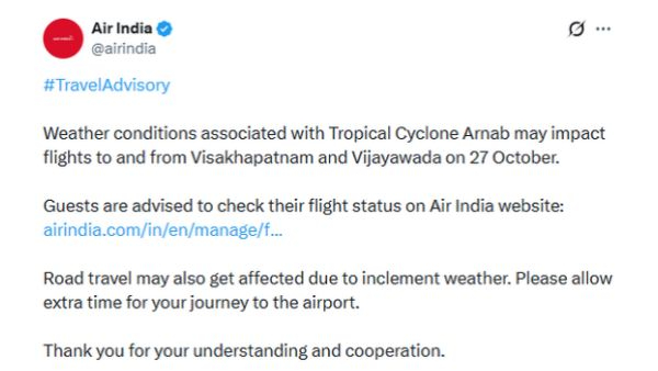 Air India Issues Advisory For Visakhapatnam And Vijayawada Flights Due To Severe Cyclone Arnab Threat Air India Issues Advisory For Visakhapatnam And Vijayawada Flights Due To Severe Cyclone Arnab Threat