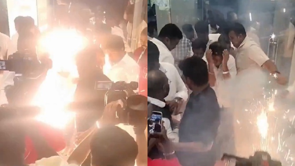 Kannada Superstar Shiva rajkumar Narrowly Escapes Firecracker Mishap During Bail Promotions Video Viral