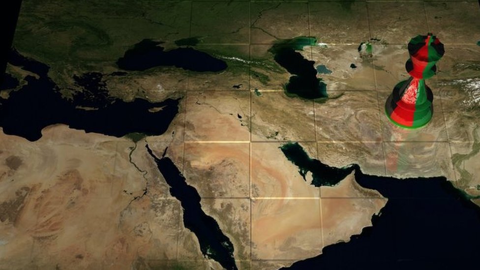 Render of world map with a chess piece decorated with the flag of Afghanistan, marking that countrys location