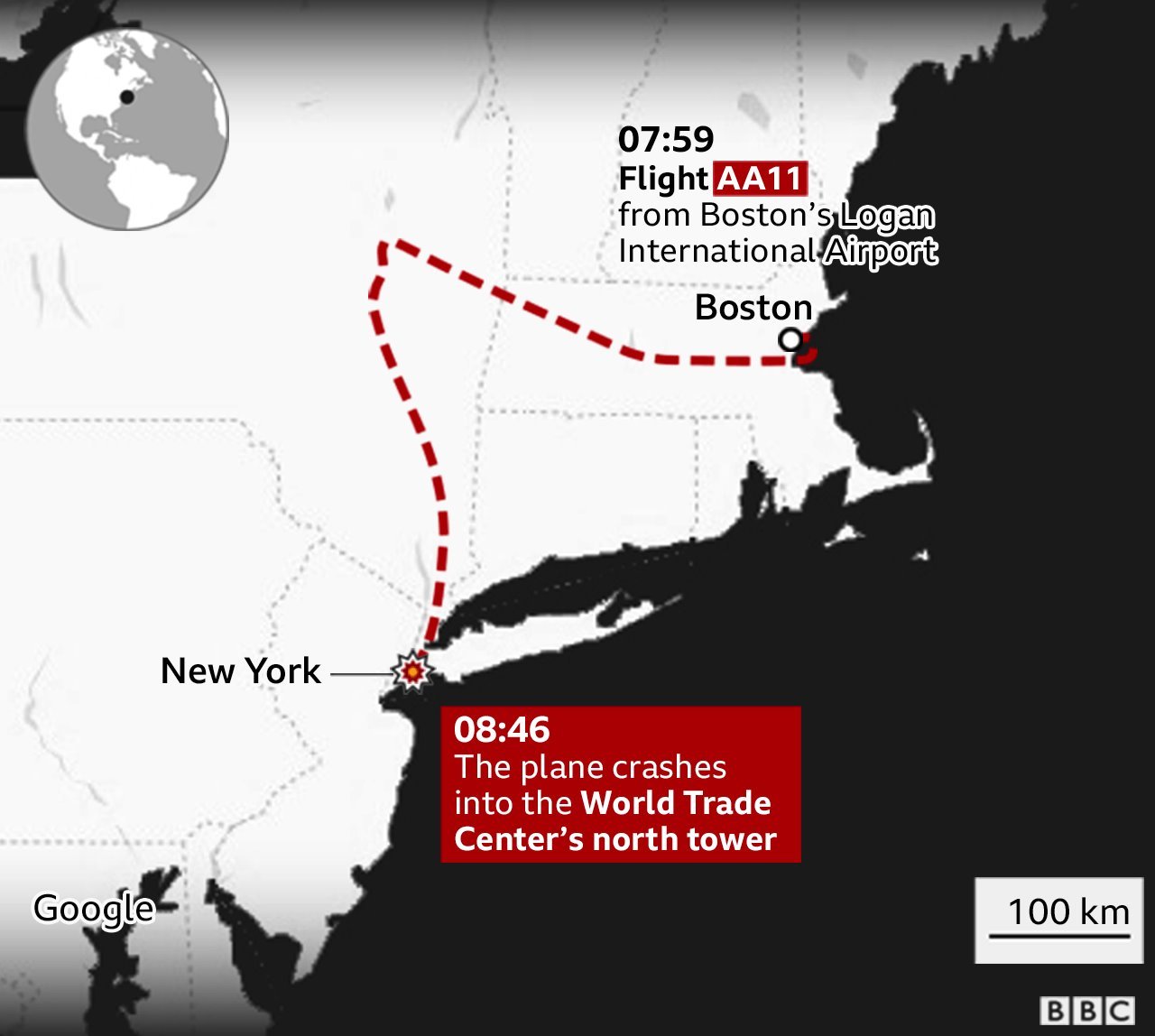 Graphic showing the trajectory of AA flight 11