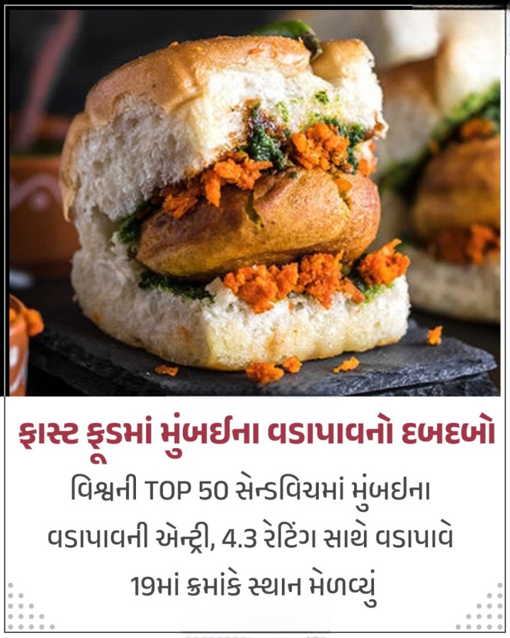 ફાસ્ટ ફૂડમાં મુંબઈના વડાપાવનો દબદબો વિશ્વની TOP 50 સેન્ડવિચમાં મુંબઈના વડાપાવની એન્ટ્રી, 4.3 રેટિંગ સાથે વડાપાવે 19માં ક્રમાંકે સ્થાન મેળવ્યું