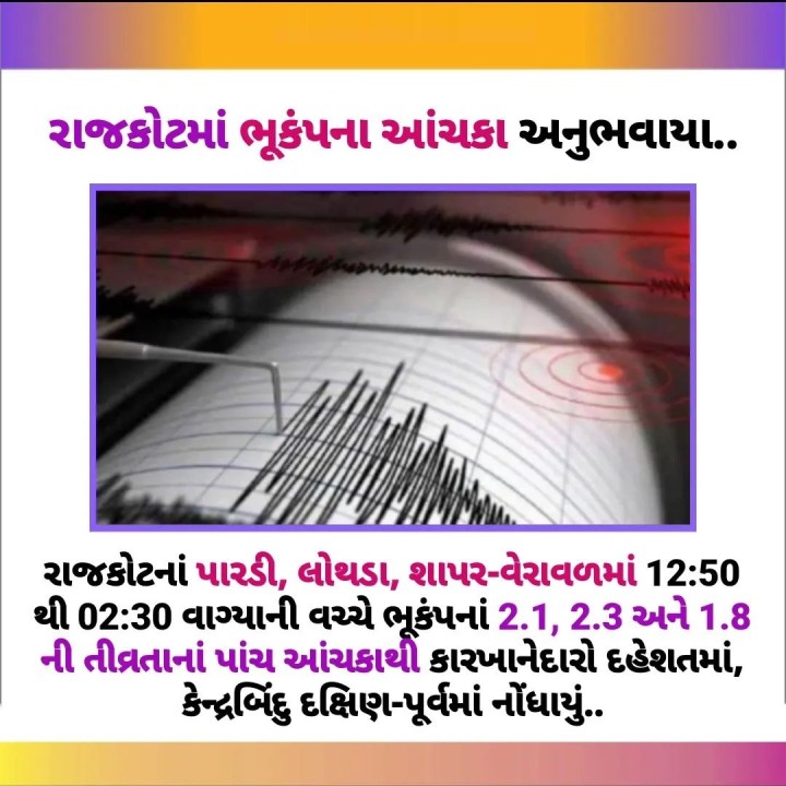 રાજકોટનાં પારડી, લોથડા, શાપર-વેરાવળમાં 12:50 થી 02:30 વાગ્યાની વચ્ચે ભૂકંપનાં 2.1, 2.3 અને 1.8 ની તીવ્રતાનાં પાંચ આંચકાથી કારખાનેદારો દહેશતમાં, કેન્દ્રબિંદુ દક્ષિણ-પૂર્વમાં નોંધાયું..