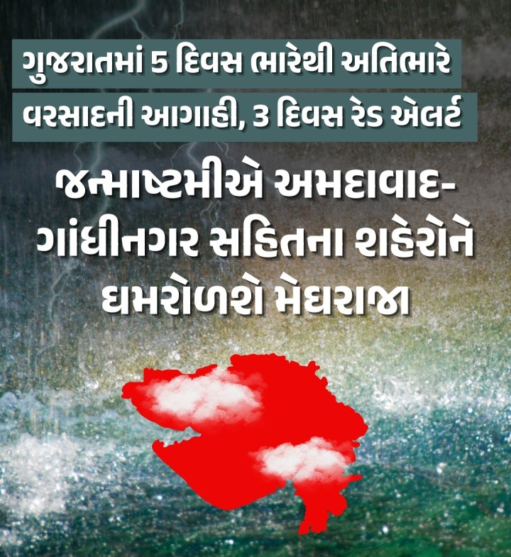 મેઘરાજાએ ફરી સમગ્ર રાજ્ય બાનમાં લીધું છે. હવામાન વિભાગે આગામી 5 દિવસ માટે ભારેથી અતિભારે વરસાદની આગાહી કરી છે. દક્ષિણ-મધ્ય ગુજરાત અને સૌરાષ્ટ્રમાં રવિવાર, સોમવાર અને મંગળવાર માટે રેડ એલર્ટ જાહેર કરવામાં આવ્યું છે. જેમાં અમદાવાદ-ગાંધીનગરમાં ભારેથી અતિભારે વરસાદ પડવાની શક્યતા છે.