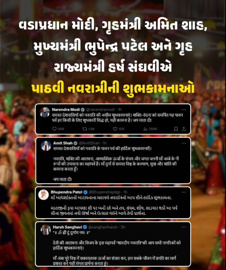 વડાપ્રધાન મોદી, ગૃહમંત્રી અમિત શાહ, મુખ્યમંત્રી ભુપેન્દ્ર પટેલ અને ગૃહ રાજ્યમંત્રી હર્ષ સંઘવીએ પાઠવી નવરાત્રીની શુભકામનાઓ