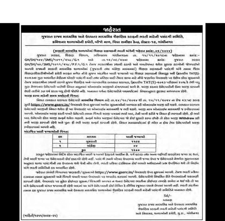 ગુજરાત શિક્ષણ વિભાગે કરી માધ્યમિક ભરતીની જાહેરાત : સરકારી શાળામાં 1200 શિક્ષકોની ભરતી કરાશે