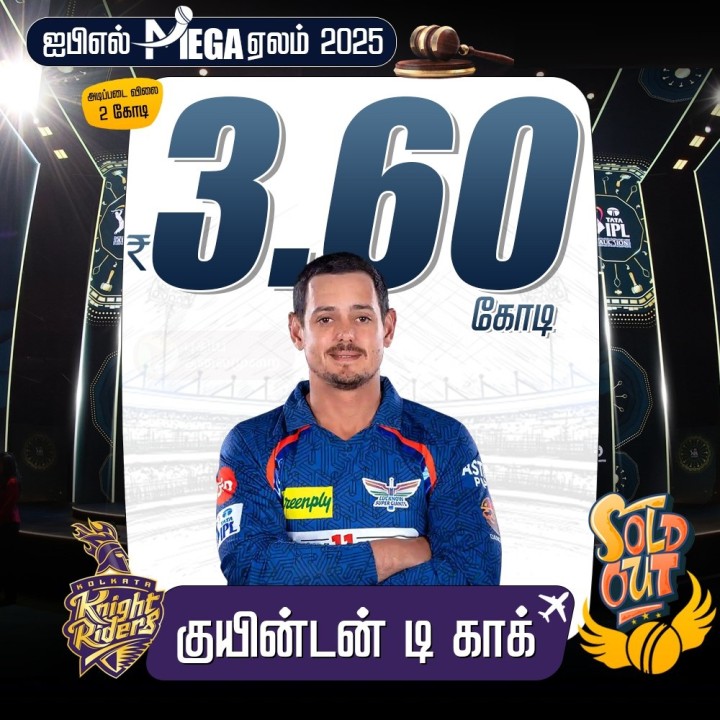 ரூ.3.60 கோடிக்கு குயின்டன் டி காகை ஏலத்தில் எடுத்தது கொல்கத்தா அணி!