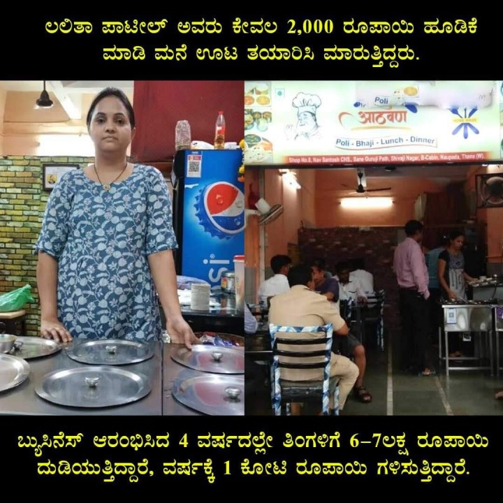 ಲಲಿತಾ ಪಾಟೀಲ್ ಅವರು ಕೇವಲ 2,000 ರೂಪಾಯಿ ಹೂಡಿಕೆ ಮಾಡಿ ಮನೆ ಊಟ ತಯಾರಿಸಿ ಮಾರುತ್ತಿದ್ದರು.