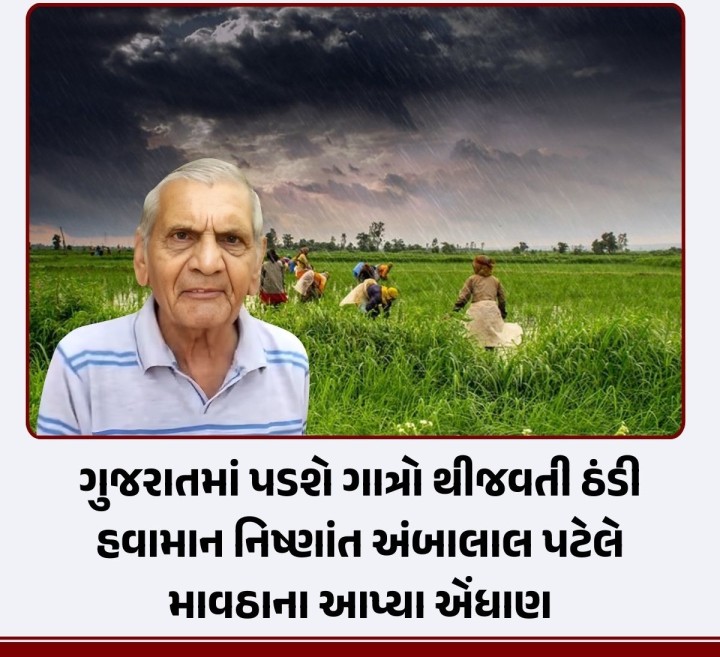 હવામાન નિષ્ણાંત અંબાલાલ પટેલે 16 થી 18 ડિસેમ્બર દરમિયાન ગુજરાતના વાતાવરણમાં મોટો પલટો આવવાની આગાહી કરી છે. 23 ડિસેમ્બર બાદ હાડ થીજવતી ઠંડી પડે તેવી શક્યતા છે. તો ડિસેમ્બરના અંતમાં કેટલાંક વિસ્તારોમાં વરસાદી છાંટા પણ પડી શકે છે.