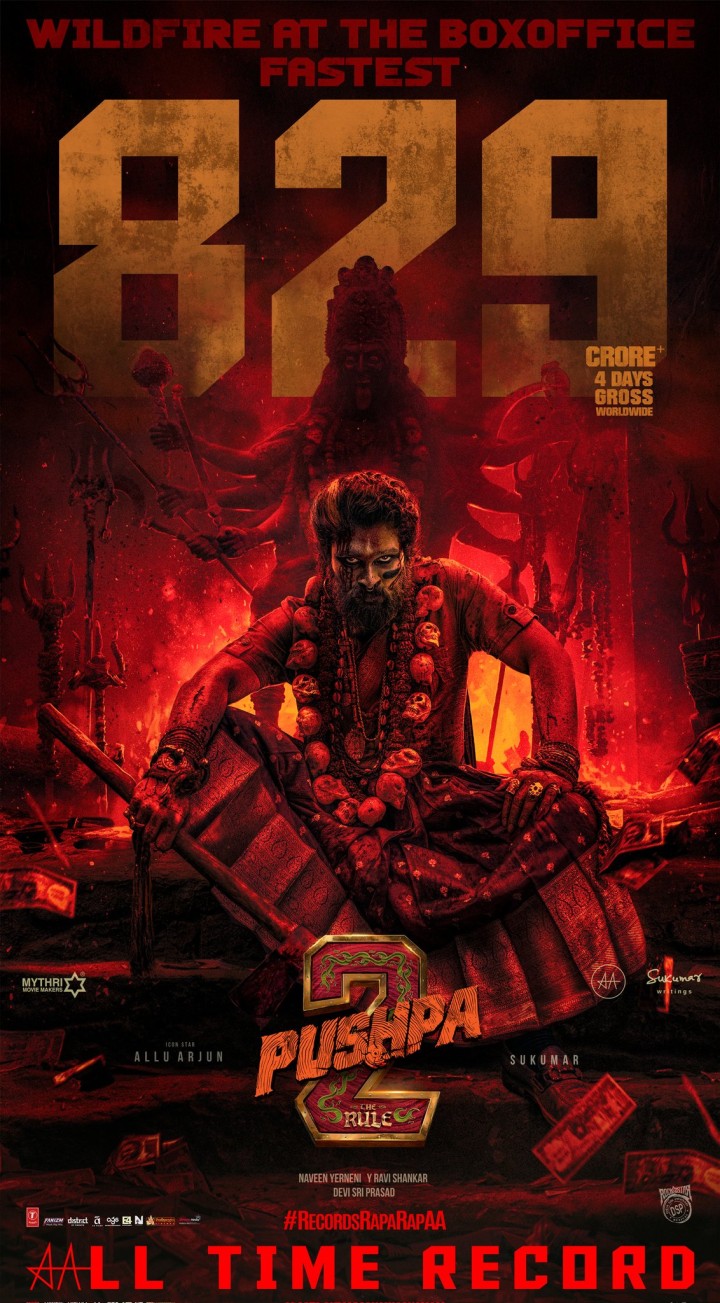 நடித்துள்ள 'புஷ்பா 2' திரைப்படம், வெளியான 4 நாட்களில் ₹829 கோடி வசூலை கடந்துள்ளதாக பட நிறுவனம் அறிவிப்பு!