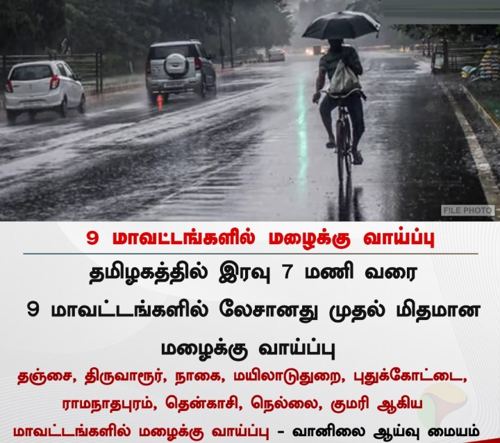 9 மாவட்டங்களில் மழைக்கு வாய்ப்பு