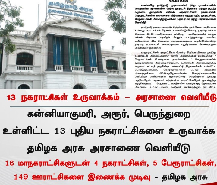 13 நகராட்சிகள் உருவாக்கம்: அரசாணை வெளியீடு