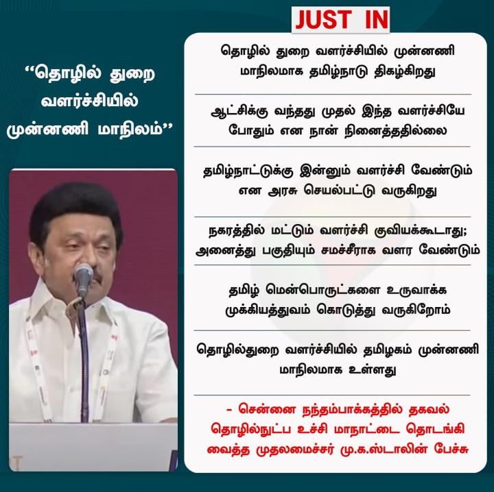தொழில் துறை வளர்ச்சியில் முன்னணி மாநிலமாக தமிழ்நாடு திகழ்கிறது - முதலமைச்சர் மு.க.ஸ்டாலின்