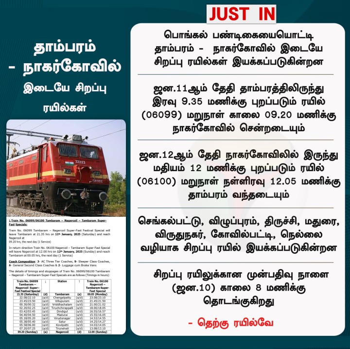தாம்பரம் - நாகர்கோவில் இடையே சிறப்பு ரயில்கள் இயக்கம்