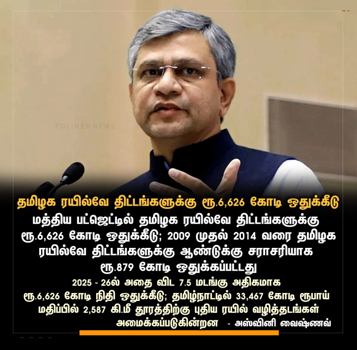 தமிழக ரயில்வே திட்டங்களுக்கு ரூ.6,626 கோடி ஒதுக்கீடு |