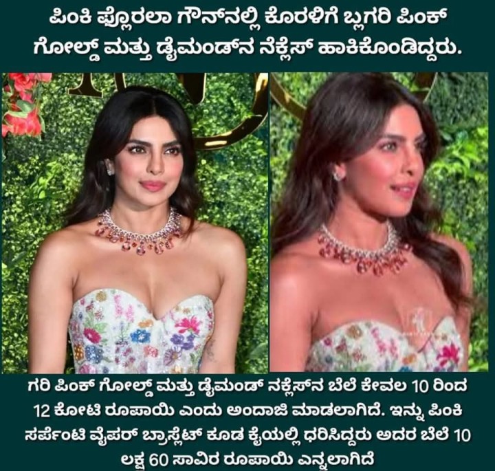 ಪಿಂಕಿ ಫ್ಲೋರಲಾ ಗೌನ್‌ನಲ್ಲಿ ಕೊರಳಿಗೆ ಬ್ಲಗರಿ ಪಿಂಕ್ ಗೋಲ್ಡ್‌ ಮತ್ತು ಡೈಮಂಡ್‌ನ ನೆಸ್ಸೆಸ್ ಹಾಕಿಕೊಂಡಿದ್ದರು.