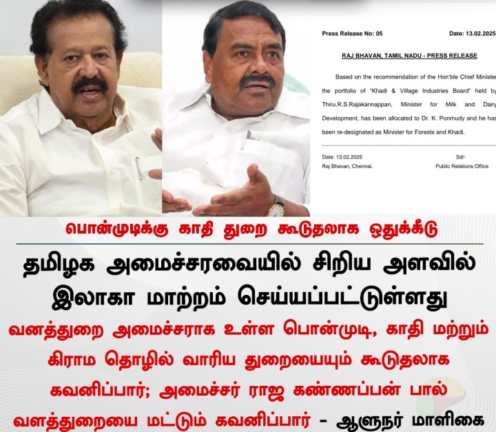பொன்முடிக்கு காதி துறை கூடுதலாக ஒதுக்கீடு