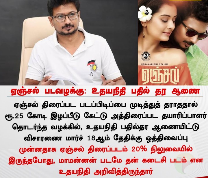 ஏஞ்சல் படவழக்கு: உதயநிதி பதில் தர ஆணை