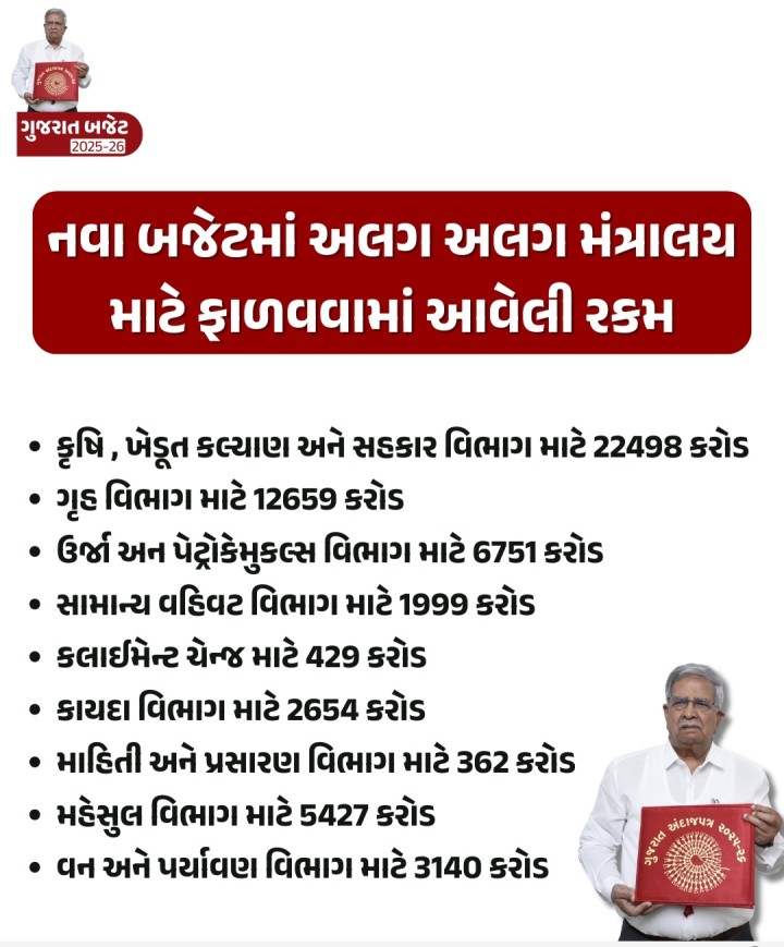 ગુજરાત બજેટ 2025-26 નવા બજેટમાં અલગ અલગ મંત્રાલય માટે ફાળવવામાં આવેલી રકમ