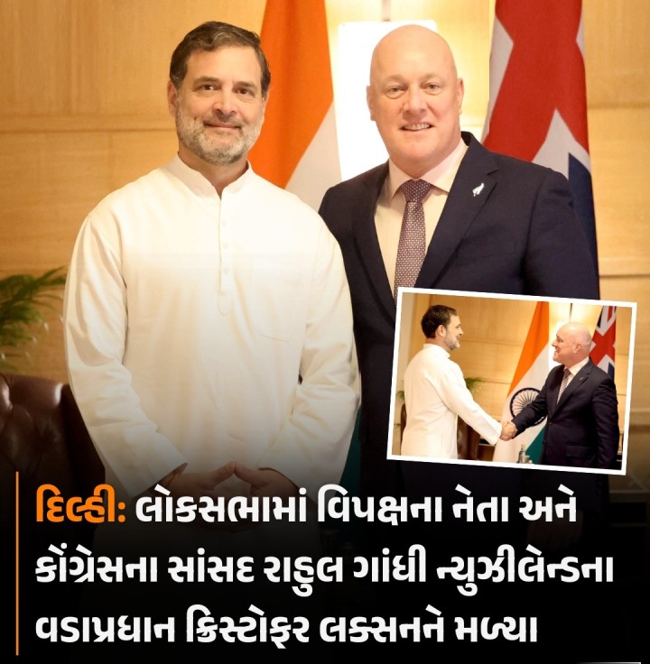 દિલ્હી: લોકસભામાં વિપક્ષના નેતા અને કોંગ્રેસના સાંસદ રાહુલ ગાંધી ન્યુઝીલેન્ડના વડાપ્રધાન ક્રિસ્ટોફર લક્સનને મળ્યા.