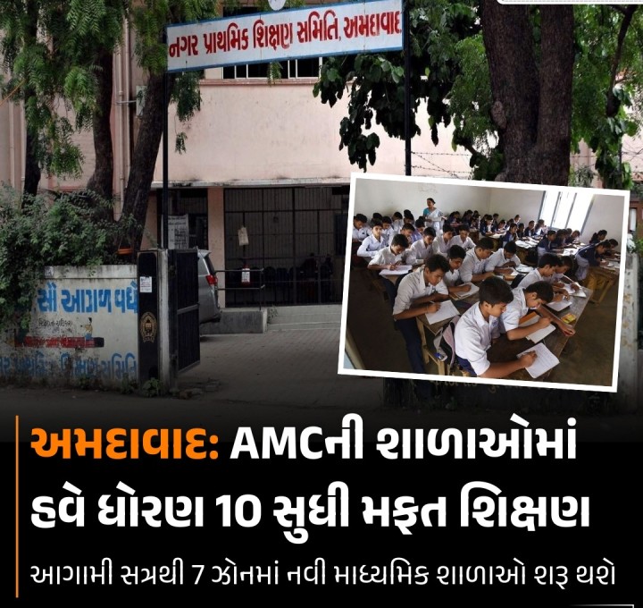 અમદાવાદ મ્યુનિસિપલ કોર્પોરેશન (AMC) દ્વારા સંચાલિત શાળાઓમાં હવે માધ્યમિક શિક્ષણ પણ મળશે. અગાઉ માત્ર ધોરણ 8 સુધીના શિક્ષણની સુવિધા હતી, પરંતુ હવે વિદ્યાર્થીઓ ધોરણ 10 સુધી વિનામૂલ્યે અભ્યાસ કરી શકશે. આગામી શૈક્ષણિક સત્રથી શહેરના 7 ઝોનમાં 7 નવી માધ્યમિક શાળાઓ શરૂ કરવામાં આવશે, જેનાથી અનેક વિદ્યાર્થીઓને લાભ મળશે.