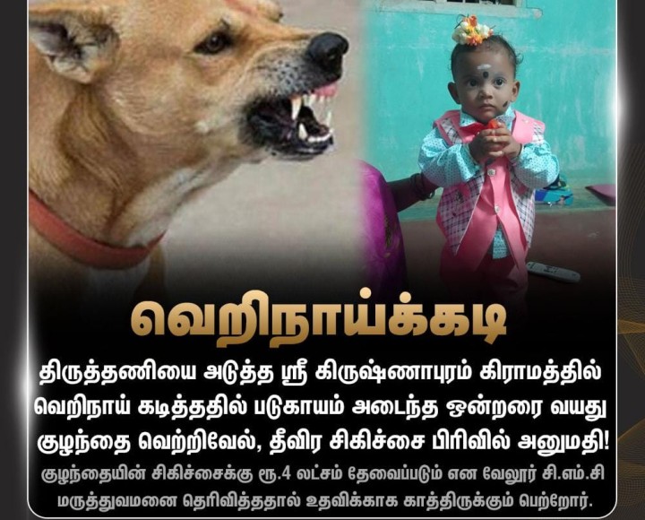 நாய்க்கடிக்கு ஒன்றரை வயது குழந்தை பலி!