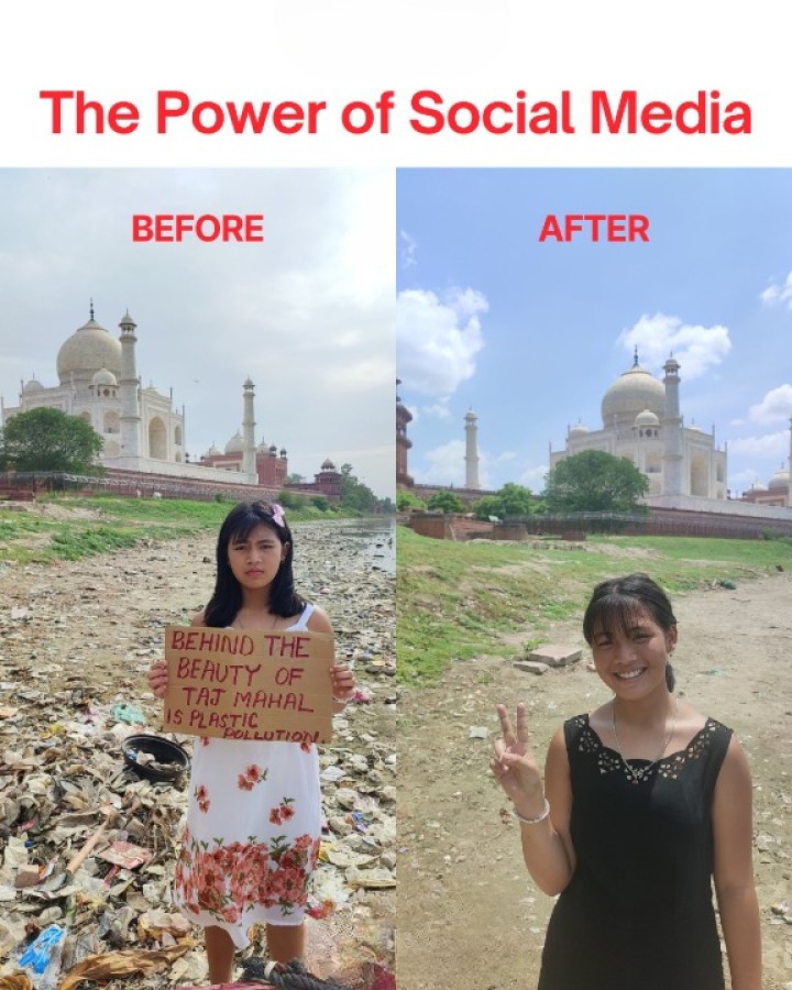 In 2022, 10-year-old climate activist Licypriya Kangujam from Manipur, India, used social media to highlight the plastic pollution around the iconic Taj Mahal. Her tweet, accompanied by a photo of herself holding a placard reading 'Behind the beauty of Taj Mahal is plastic pollution' drew widespread attention. Her activism prompted immediate responses. The Agra Municipal Corporation launched a cleanup operation and fined a sanitation company ₹1 lakh for neglecting its duties. The area was cleane