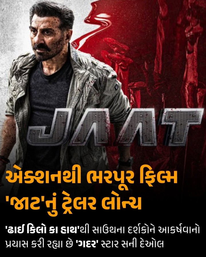 સની દેઓલ અને રણદીપ હુડ્ડાની ફિલ્મ 'જાટ'નું ટ્રેલર રિલીઝ થઈ ગયું છે. ગદર સ્ટાર સની દેઓલ 'ઢાઈ કિલો કા હાથ'થી સાઉથના દર્શકોને આકર્ષવાનો પ્રયાસ કરી રહ્યા છે.