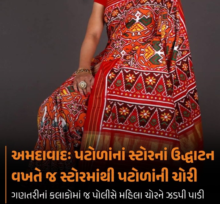 સોલા હાઈકોર્ટ પોલીસની સર્વેલન્સ ટીમે માત્ર થોડા કલાકોમાં પેટોળાં ચોરીનો ભેદ ઉકેલી એક મહિલા આરોપીને ₹1.5 લાખના મુદ્દામાલ સાથે ધરપકડ કરી છે. 23 માર્ચે સાયન્સ સિટી વિસ્તારમાં એક પટોળાંનાં સ્ટોરનું ઉદ્ઘાટન હતું. આ દરમિયાન મહેમાનો અને ભીડનો લાભ લઈ એક મહિલાએ મોંઘા ભાવના બે ઓરિજીનલ પટોળાં અને સ્ટોરની બહારથી એક એક્ટિવાની ચોરી કરી હતી. પરંતુ પોલીસે ગણતીરેના કલાકોમાં જ સીસીટીવી ફૂટેજ અન�