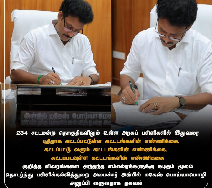 அரசுப் பள்ளி புதிய கட்டடங்கள் விவரம் - எம்எல்ஏக்களுக்கு அமைச்சர் அன்பில் மகேஸ் கடிதம்