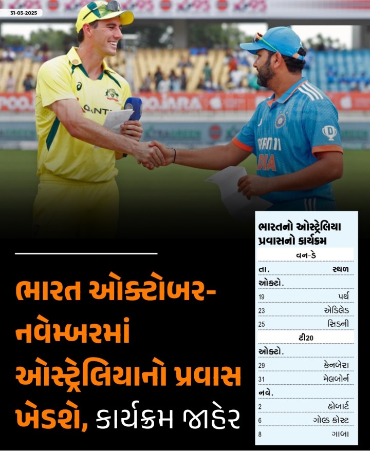 ભારતીય ક્રિકેટ ટીમ 19 ઓક્ટોબરથી 8 નવેમ્બર વચ્ચે ઓસ્ટ્રેલિયાના પ્રવાસે જશે જેમાં ત્રણ વન-ડે અને પાંચ ટી20 મેચની સિરીઝ રમશે. ક્રિકેટ ઓસ્ટ્રેલિયાએ આ માટે ભારત અને ઓસ્ટ્રેલિયા વચ્ચેની વન-ડે અને ટી20 મેચની શ્રેણીનો કાર્યક્રમ રવિવારે જાહેર કર્યો હતો.