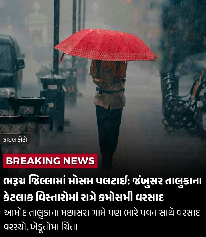 ભરૂચ જિલ્લામાં મોસમ પલટાઈ: જંબુસર તાલુકાના કેટલાક વિસ્તારોમાં રાત્રે કમોસમી વરસાદ: આમોદ તાલુકાના મછાસરા ગામે પણ ભારે પવન સાથે વરસાદ વરસ્યો, ખેડૂતોમા ચિંતા