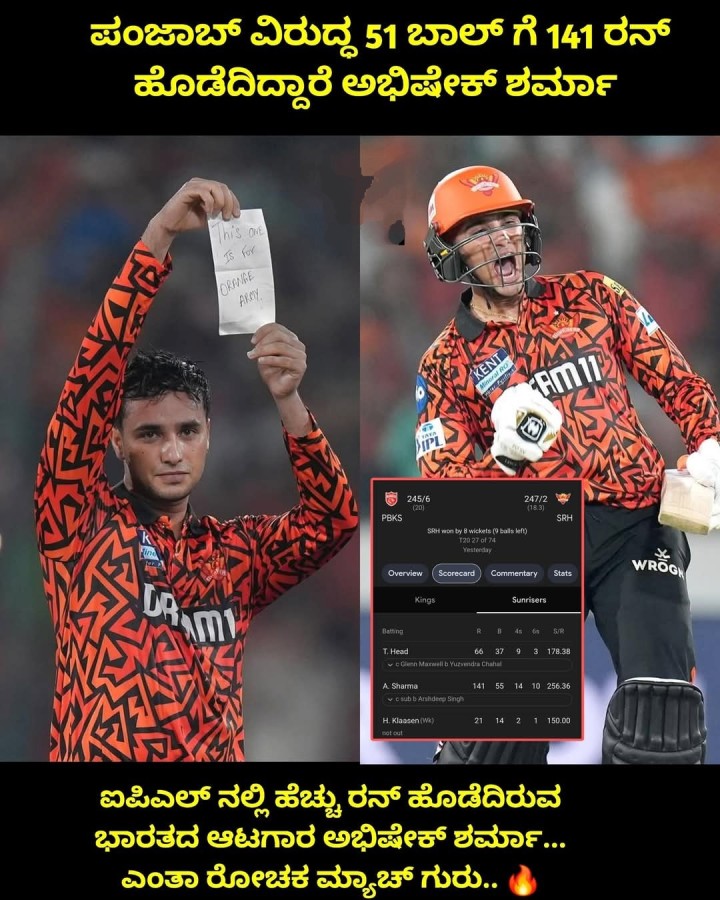ಪಂಜಾಬ್ ವಿರುದ್ಧ 51 ಬಾಲ್ ಗೆ 141 ರನ್ ಹೊಡೆದಿದ್ದಾರೆ ಅಭಿಷೇಕ್ ಶರ್ಮಾ