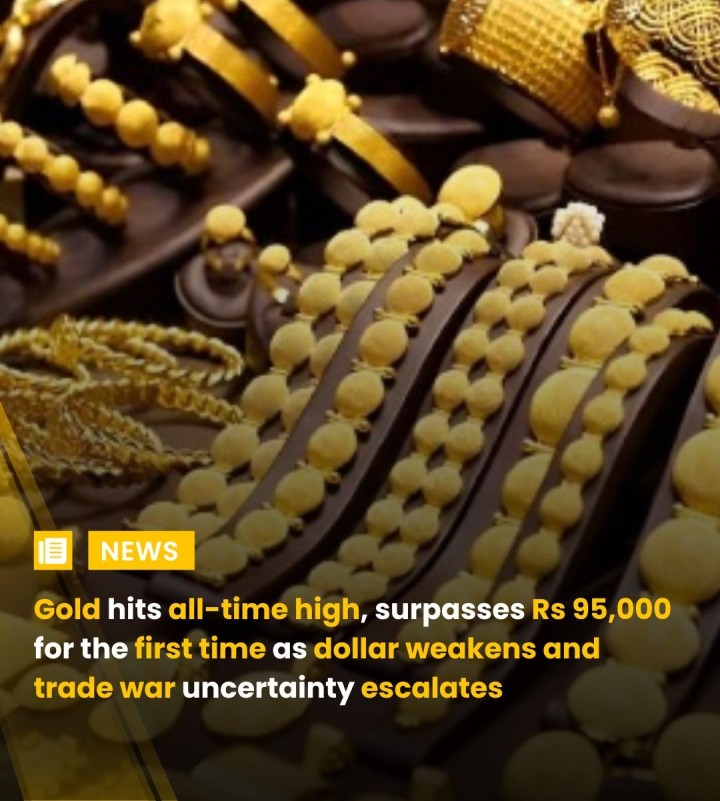 Gold prices soared to an all-time high of Rs 98,100 per 10 grams, with a remarkable rise of Rs 1,650 in just one day, driven by escalating trade tensions between the US and China. This surge marks the highest single-day gain since April 11, when gold saw a historic increase of Rs 6,250. With a year-to-date rise of 23.56%, the yellow metal remains a strong safe-haven asset amidst global uncertainties. Silver prices also saw a sharp jump, reaching Rs 99,400 per kg. Analysts suggest the rally is du