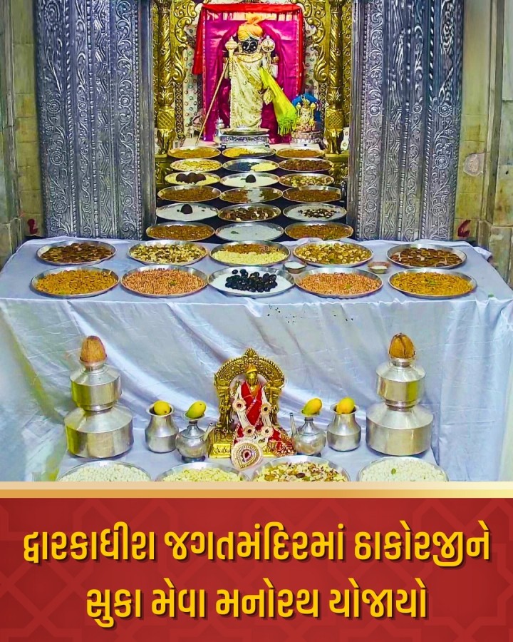 દ્વારકાધીશ જગતમંદિરમાં આજરોજ ઠાકોરજીના ભકત પરિવાર દ્વારા વારાદાર પૂજારીના સૌજન્યથી સવારે ઠાકોરજીની શૃંગાર આરતી સમયે સુકા મેવા મનોરથ યોજવામાં આવ્યો હતો. શુક્રવારના શ્વેત (સફેદ) રંગના વાઘા સાથેના વસ્ત્રાલંકાર સાથેના આ દિવ્ય મનોરથ દર્શનનો બહોળી સંખ્યામાં ઉપસ્થિત ભાવિકોએ લાભ લીધો હતો. આ ઉપરાંત ઓનલાઈનના વિવિધ માધ્યમોથી દેશ વિદેશના લાખો કૃષ્ણભકતોએ નિહાળી ભાવવિભોર બન્યા હતા.