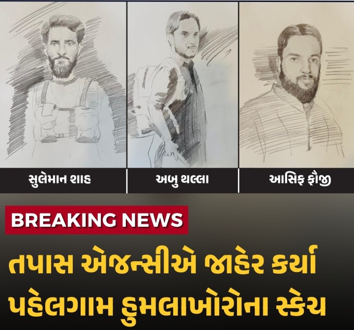તપાસ એજન્સીએ જાહેર કર્યા પહેલગામ હુમલાખોરોના સ્કેચ  જમ્મુ કાશ્મીરના શ્રીનગરમાં આવેલ પહલગામની બૈસરન ખીણમાં પ્રવાસીઓ પર ગોળીબાર કરીને 26 લોકોને મોતને ઘાટ ઉતારનાર આતંકીઓના સ્કેચ જાહેર કર્યા છે.