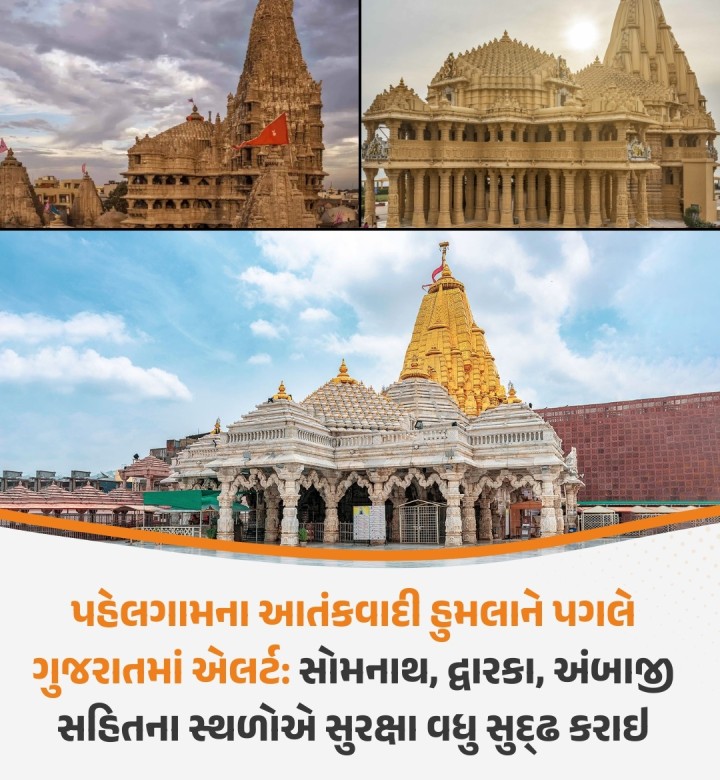 પહેલગામના આતંકવાદી હુમલાને પગલે ગુજરાતમાં એલર્ટ: સોમનાથ, દ્વારકા, અંબાજી સહિતના સ્થળોએ સુરક્ષા વધુ સુદ્ઢ કરાઇ