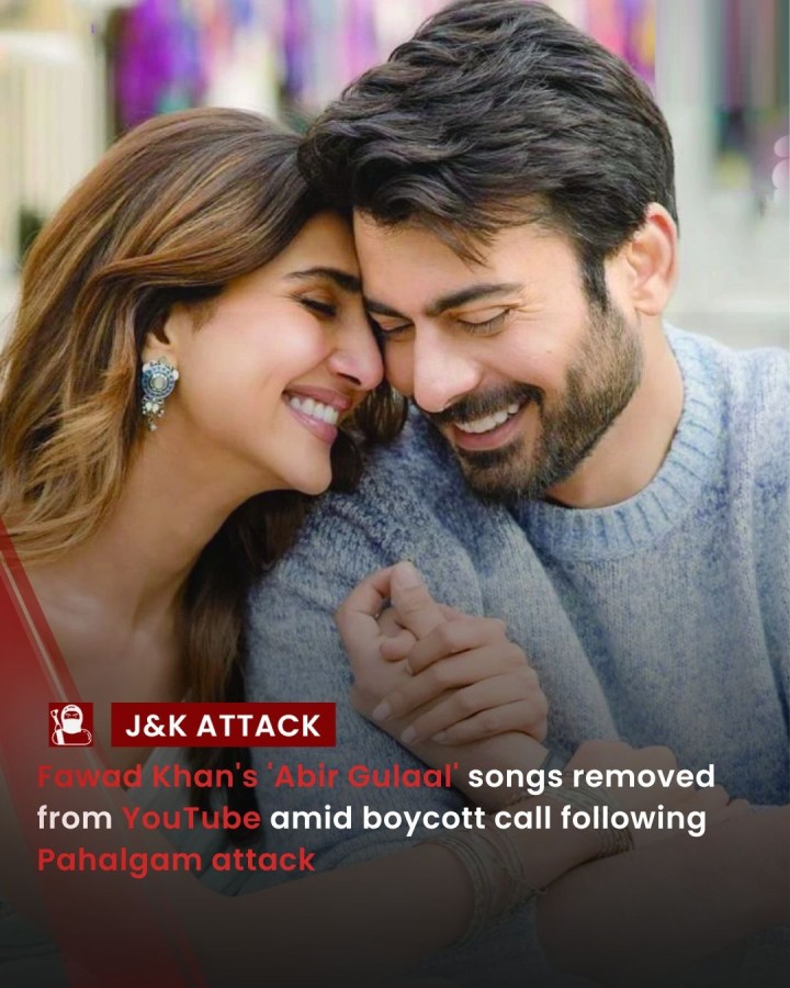Following the tragic Pahalgam terror attack, songs from the upcoming film Abir Gulaal, starring Fawad Khan and Vaani Kapoor, have been removed from YouTube. The tracks 'Khudaaya Ishq' and 'Angrezi Rangrasiya' were released earlier this month but were taken down amidst widespread backlash and boycott calls on social media. This decision comes after the horrific attack in Pahalgam, which left 26 people dead. The film, which also stars Lisa Haydon and Parmeet Sethi, has been banned from releasing i