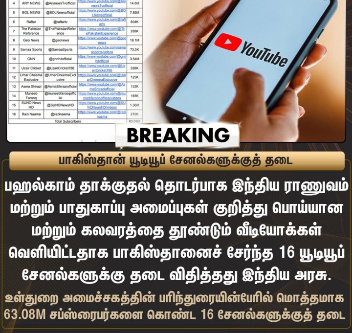 பாகிஸ்தானைச் சேர்ந்த 16 யூடியூப் சேனல்களுக்கு தடை விதித்தது இந்தியா
